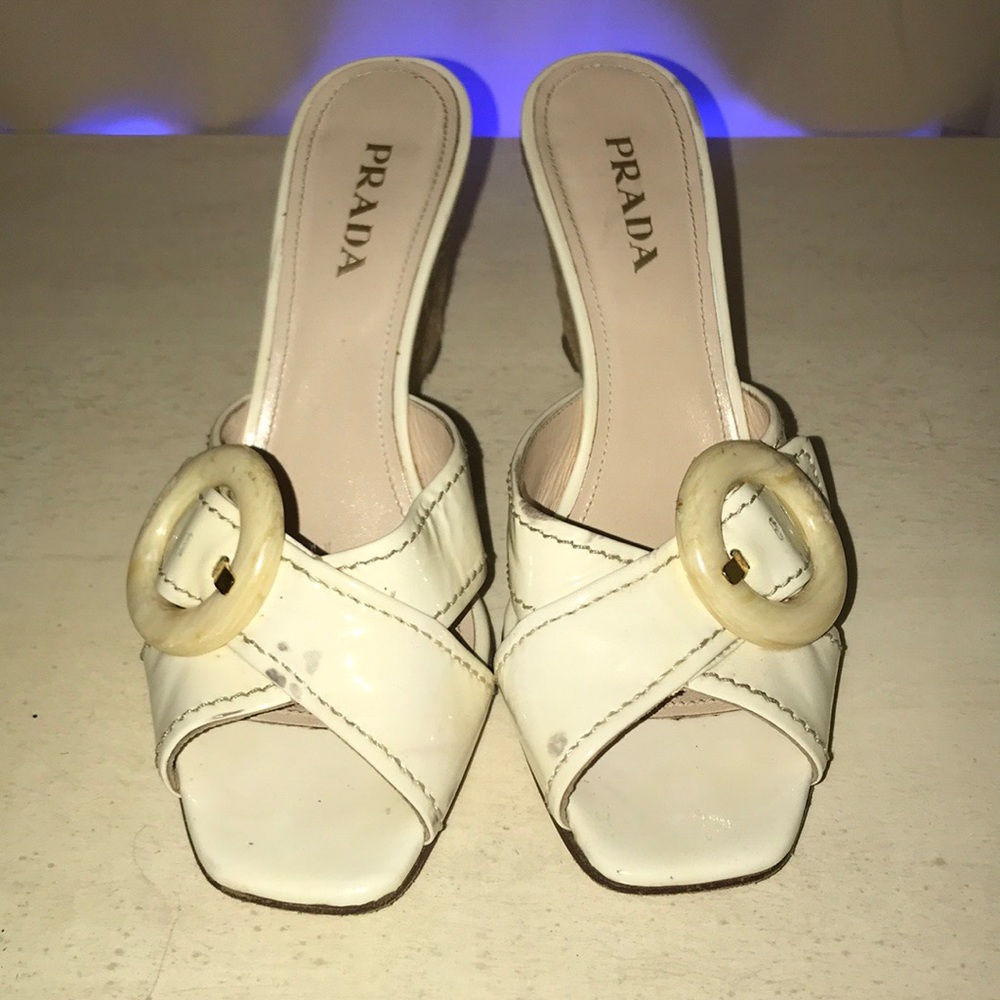 WHITE PRADA WEDGES